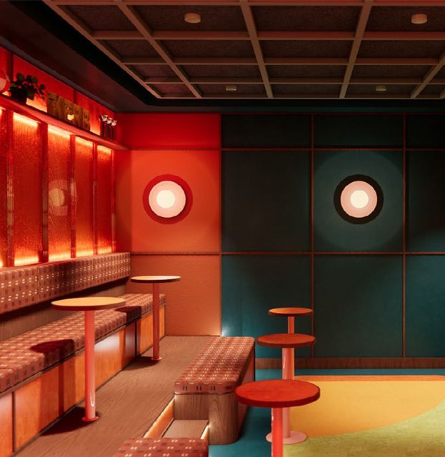 A modern, retro-inspired lounge with geometric wall panels, round lights, cushioned bench seating, and small round tables in warm red and teal tones. Book KERB Social Club and enjoy vibrant nights illuminated by ambient lighting.