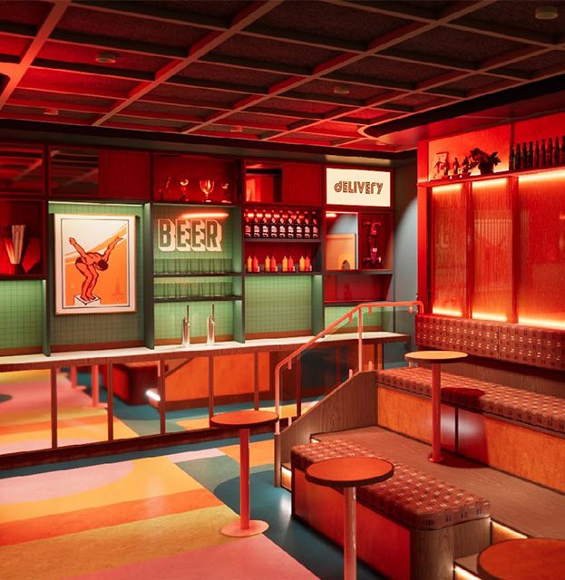 A retro-style bar with neon red lighting, a colourful floor, cushioned booths, round tables, and a “DELIVERY” wall sign. Shelves hold bottles and glassware, while framed art decorates the wall—book KERB Social Club for your next night out.