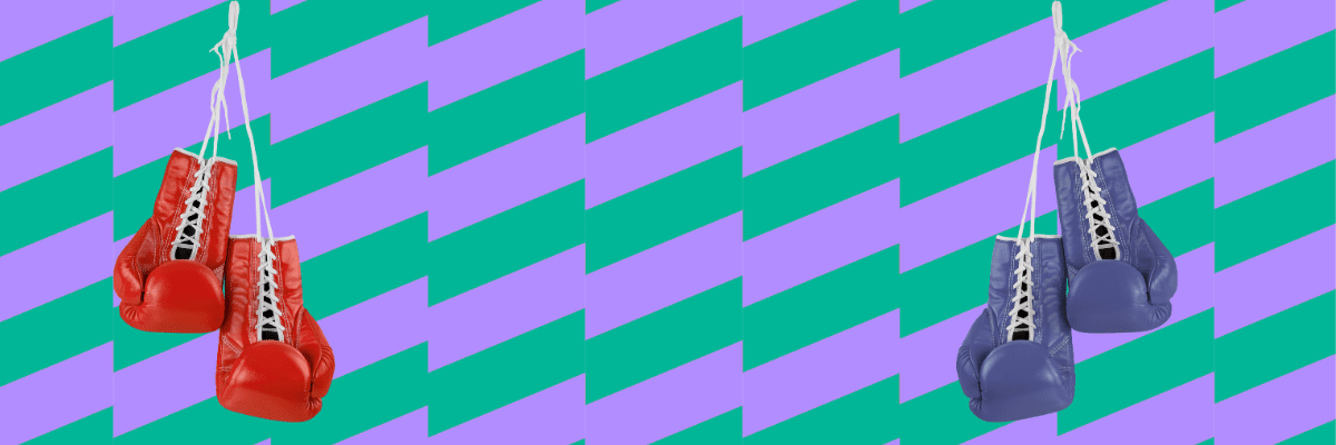 Two pairs of boxing gloves, one red and one blue, hang from white laces against a backdrop of diagonal green stripes on purple—perfect for adding a punch to your Wing Wednesday festivities.