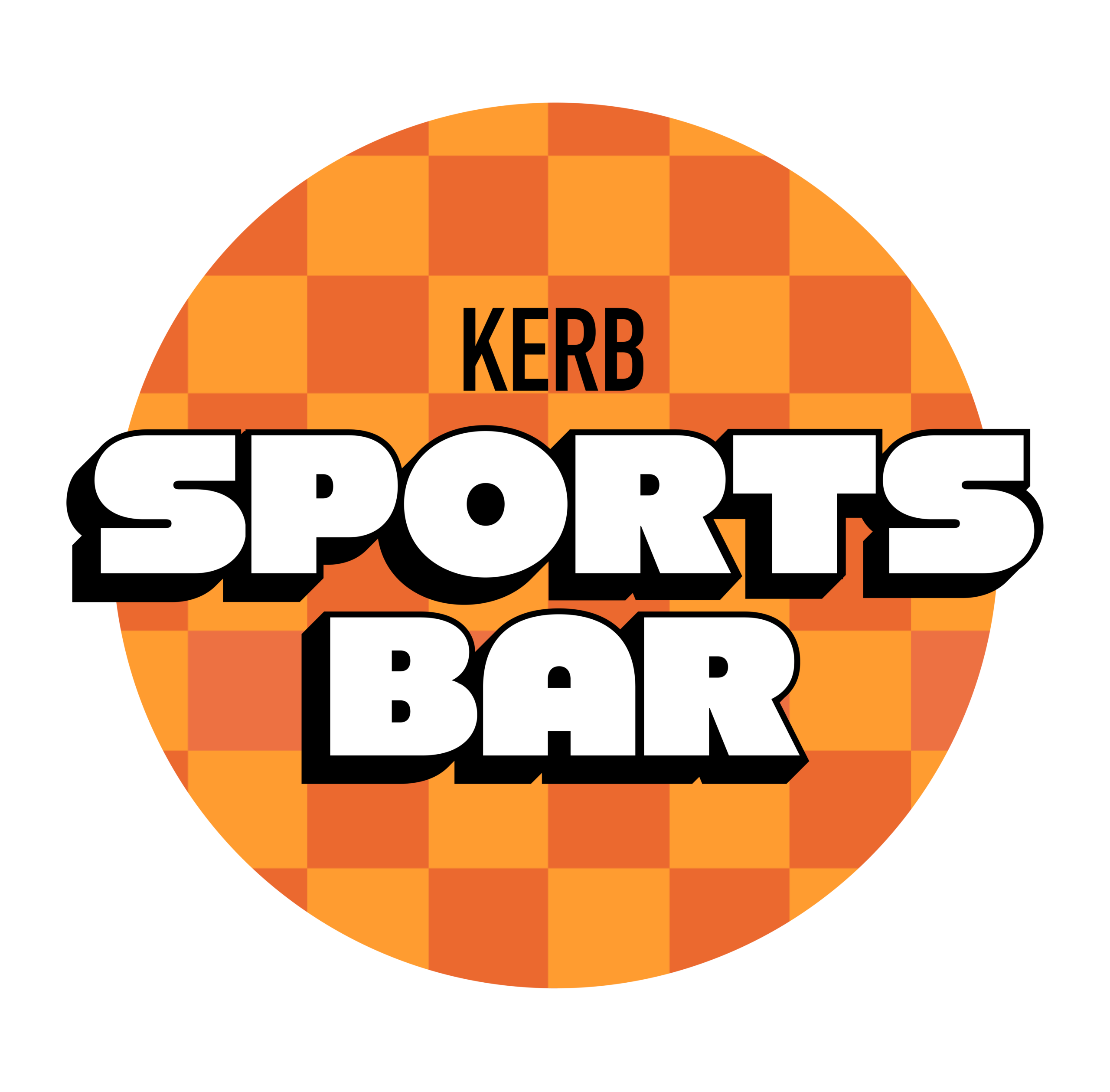 Logo with an orange and yellow chequerboard background. Bold, white text reads SPORTS BAR in black outline, with smaller black text above that reads KERB.